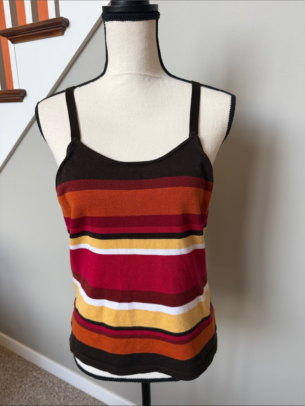 Striped Sleeveless Knit Tank Top - Brown/Red/Orange
